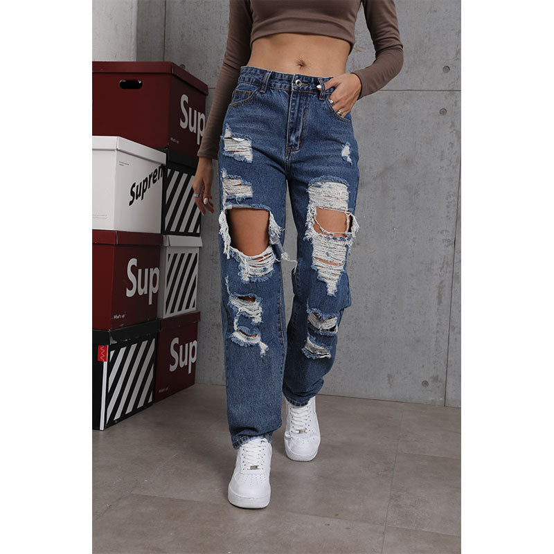 Womens White Loose Casual Ripped Denim Jeans