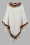 Faux Fur Trim Fringed Poncho | Chic & Cozy Women's Winter Wrap