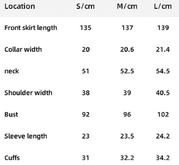 size chart for short sleeve dress