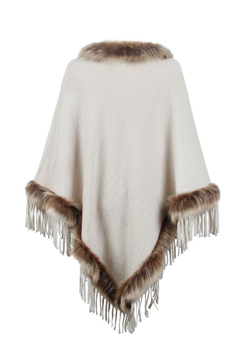 Faux Fur Trim Fringed Poncho | Chic & Cozy Women's Winter Wrap