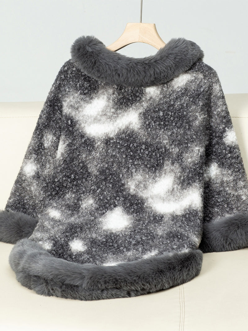 Furry Contrast Three-Quarter Poncho | Stylish & Cozy Women's Layer