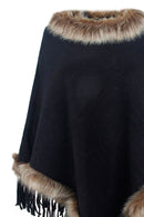 Faux Fur Trim Fringed Poncho | Chic & Cozy Women's Winter Wrap