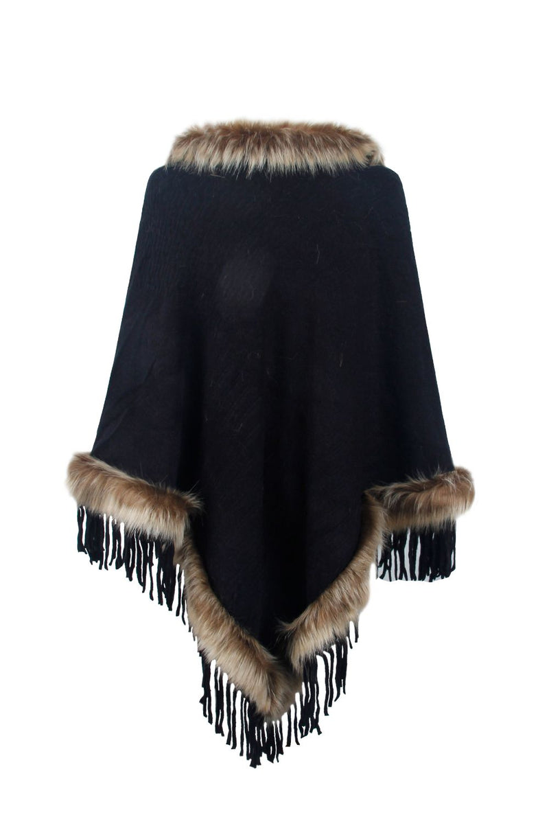 Faux Fur Trim Fringed Poncho | Chic & Cozy Women's Winter Wrap