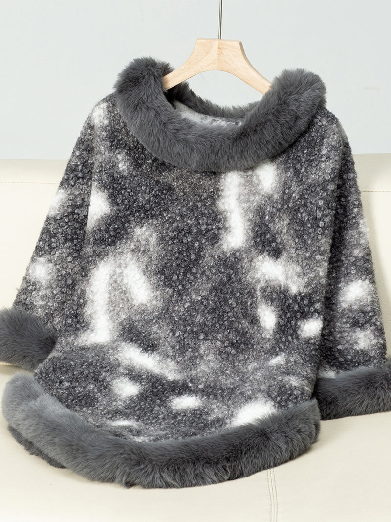 Furry Contrast Three-Quarter Poncho | Stylish & Cozy Women's Layer