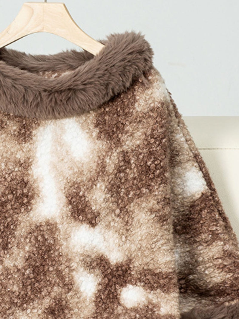 Furry Contrast Three-Quarter Poncho | Stylish & Cozy Women's Layer