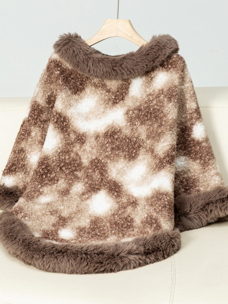 Furry Contrast Three-Quarter Poncho | Stylish & Cozy Women's Layer