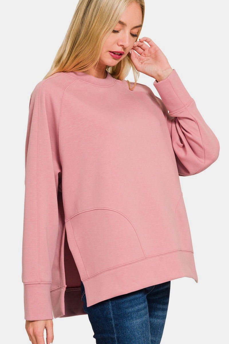 Zenana Scuba Round Neck Side Slit Sweatshirt