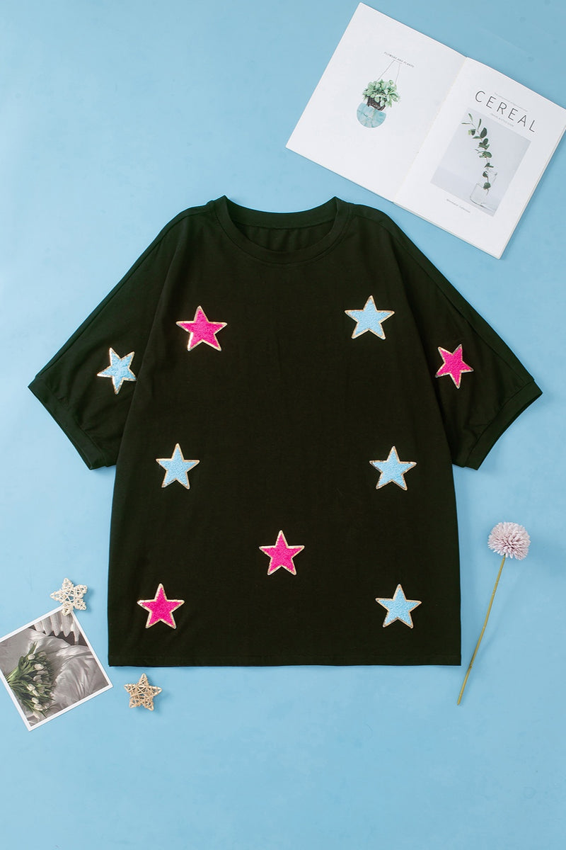 Plus Size Star Round Neck Half Sleeve T-Shirt