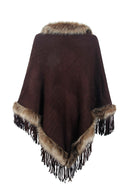 Faux Fur Trim Fringed Poncho | Chic & Cozy Women's Winter Wrap