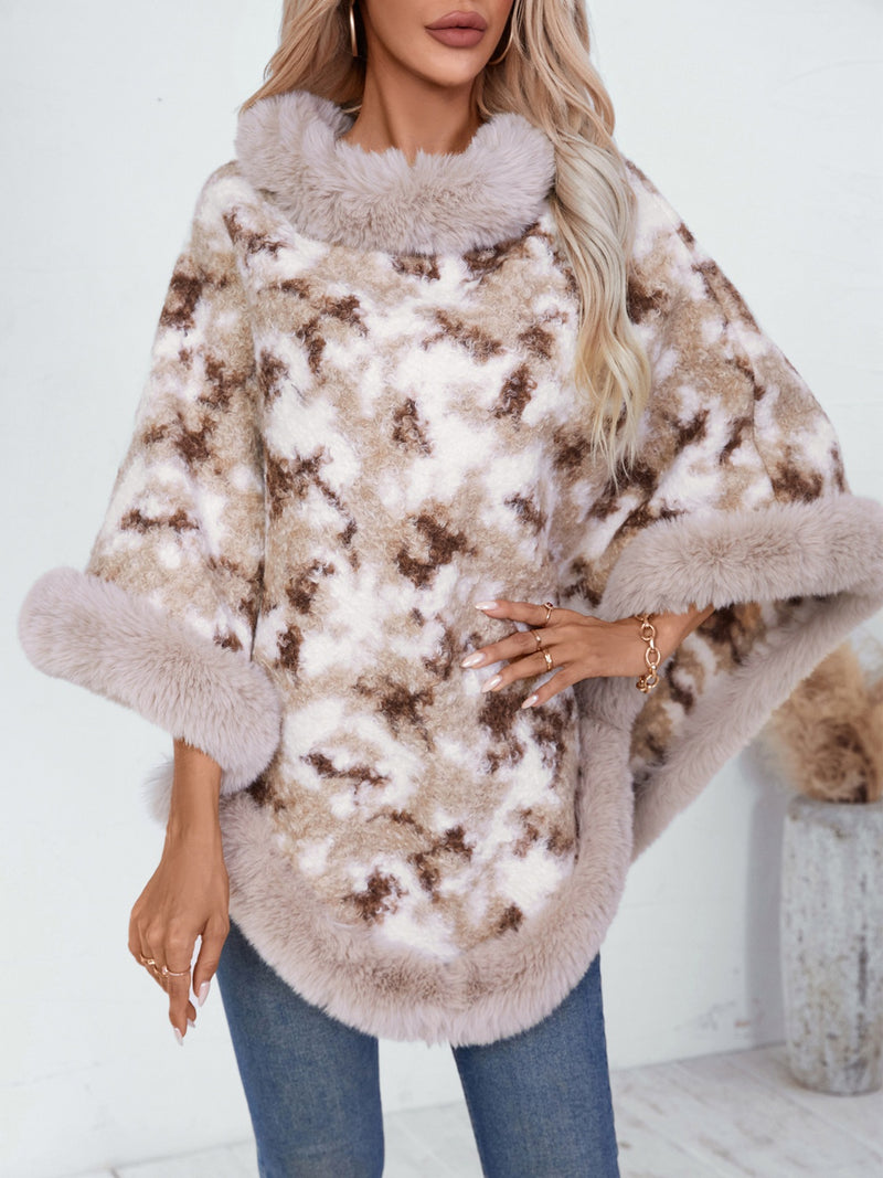 Furry Contrast Three-Quarter Poncho | Stylish & Cozy Women's Layer