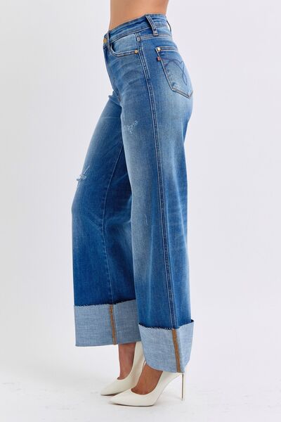 Close-up of the distressed detailing on Judy Blue High-Waist Wide-Leg Jeans, adding a stylish, worn-in look for a trendy appearance.