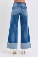 Back view of Judy Blue High-Waist Wide-Leg Distressed Jeans, featuring a high waist that elongates the legs for a flattering silhouette.