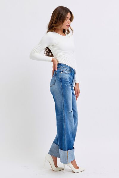 Model showcasing the back view of Judy Blue High-Waist Wide-Leg Jeans, offering both style and comfort for women on-the-go.