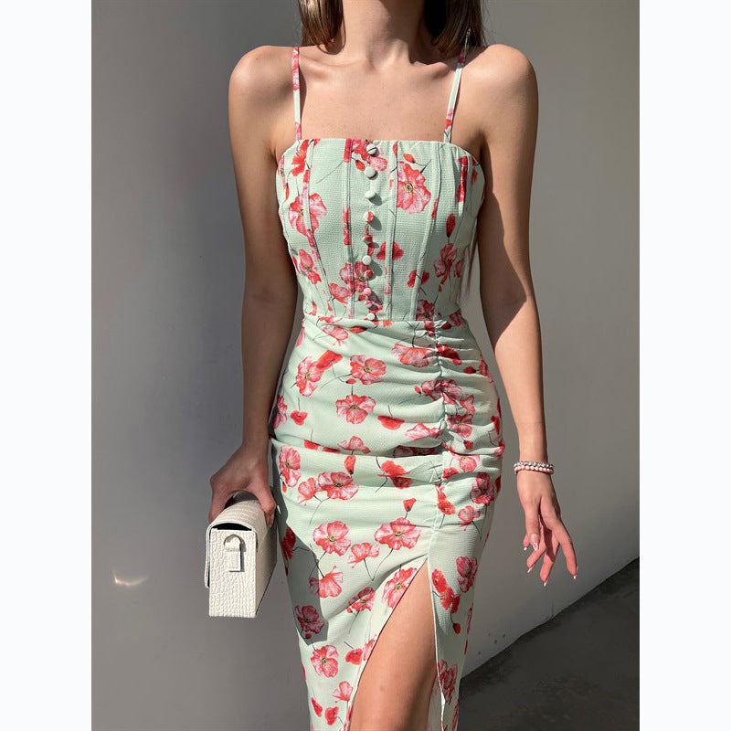 Floral Digital Printing off-Neck Strap Dress